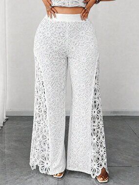 White Elegant Women's Plus Size Lace Hollow Patchwork Long Pants